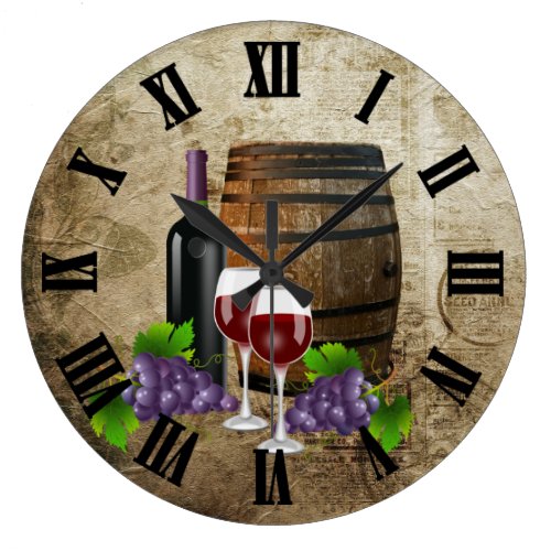 Wine Barrel and Glasses Large Clock