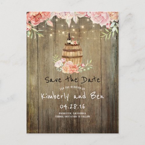 Wine Barrel and Pink Flowers Rustic Save the Date Announcement Postcard