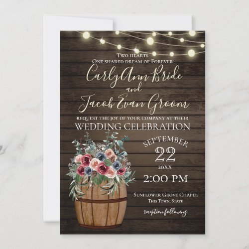 Wine Barrel and Roses Rustic Burgundy and Blue Invitation