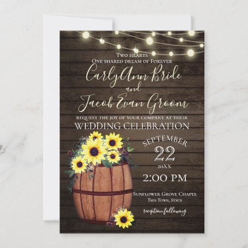 Wine Barrel and Sunflowers Rustic Wood and Lights Invitation