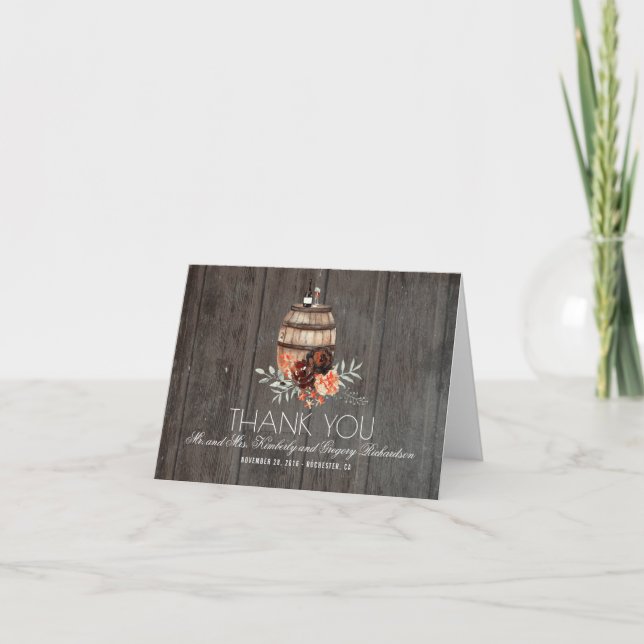 Wine Barrel Burgundy Floral Rustic Thank You Card (Front)