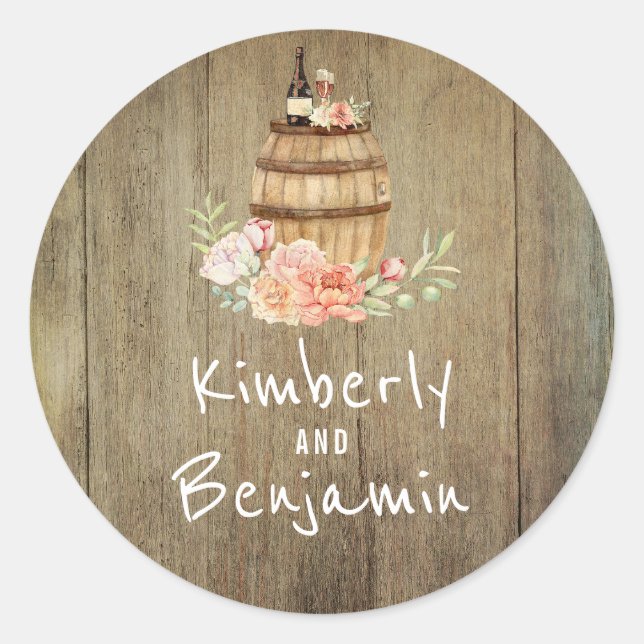 Wine Barrel Rustic Country Wedding Classic Round Sticker (Front)
