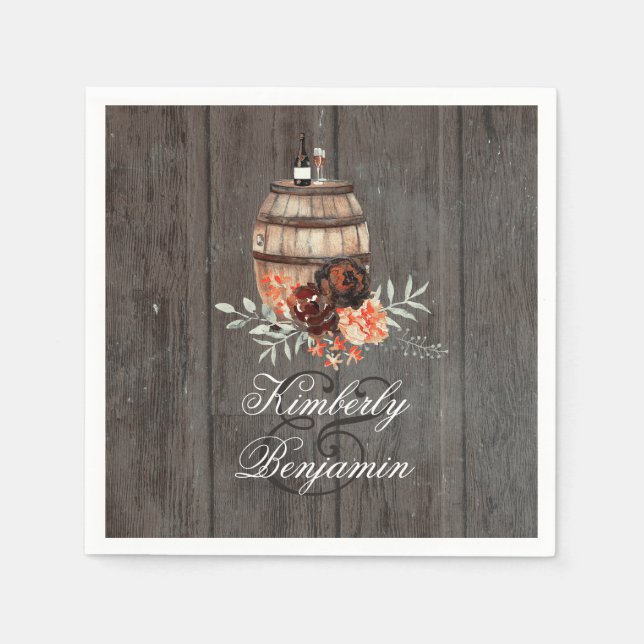 Wine Barrel Rustic Floral Wood Wedding Paper Napkins (Front)