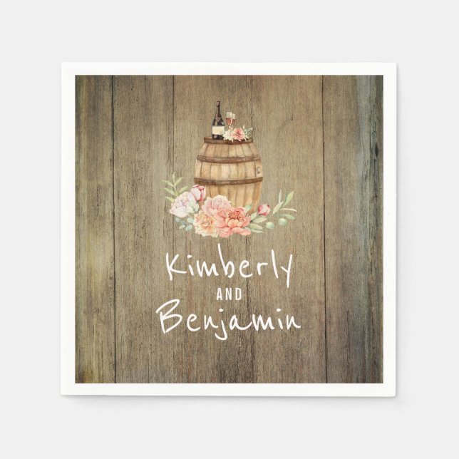 Wine Barrel Rustic Floral Wood Wedding Paper Napkins (Front)