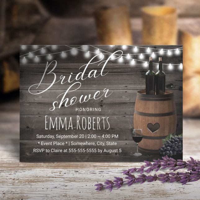 Wine Barrel Rustic String Light Barn Bridal Shower Invitation
