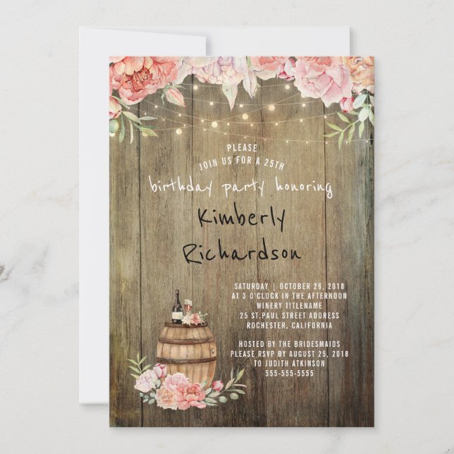Wine Barrel Rustic String Lights Birthday Party Invitation (Front)