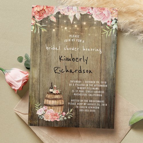 Wine Barrel Rustic String Lights Bridal Shower Invitation