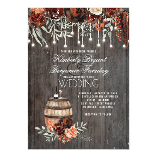 Wine Barrel Rustic String Lights Burgundy Wedding Card