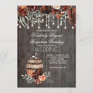 Wine Barrel Rustic String Lights Burgundy Wedding Invitation