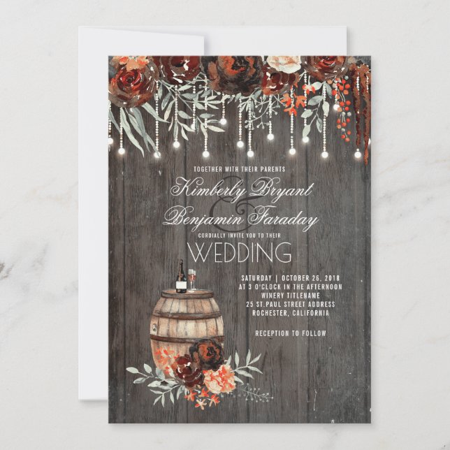 Wine Barrel Rustic String Lights Burgundy Wedding Invitation (Front)