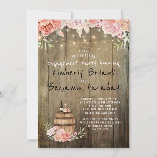 Wine Barrel Rustic String Lights Engagement Party Invitation