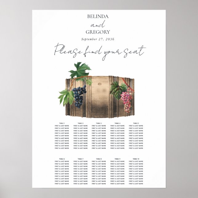 Wine Barrel Winery Vineyard Wedding Seating Chart (Front)
