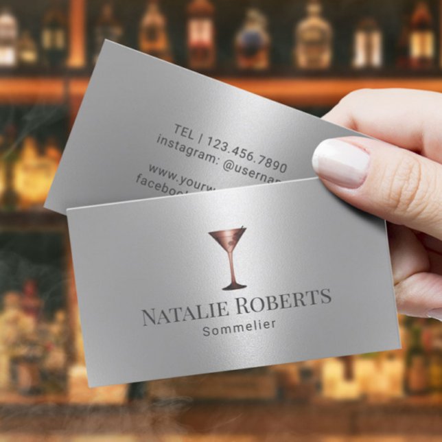 Wine Bartender Sommelier Modern Silver Business Card (Creator Uploaded)