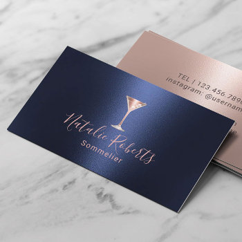 Wine Bartender Sommelier Navy Blue & Rose Gold Business Card by cardfactory at Zazzle