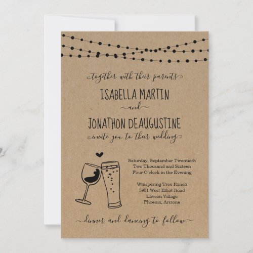 Wine & Beer Toast Theme Wedding Invitation - Hand-drawn wine and beer artwork on a wonderfully rustic kraft background.

Coordinating RSVP, Details, Registry, Thank You cards and other items are available in the 'Rustic Brewery / Winery Line Art' Collection within my store.