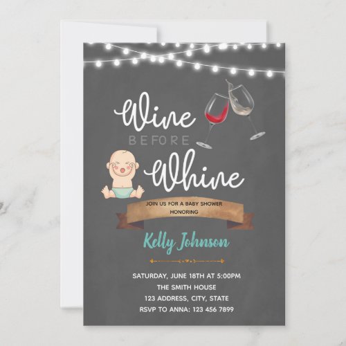 Wine before whine baby shower invitation