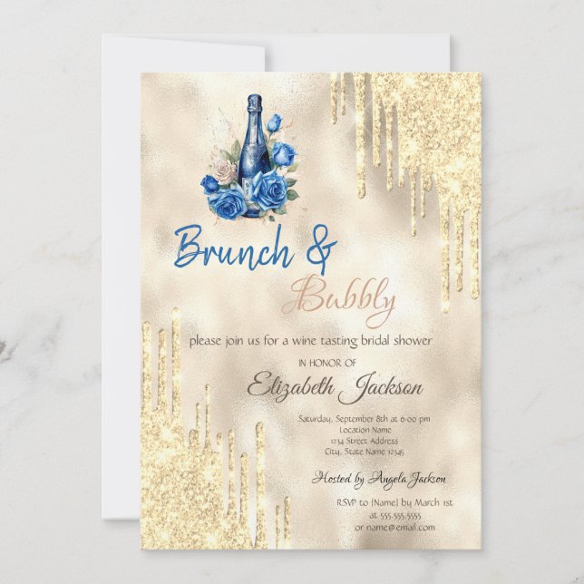  Wine Blue Roses Gold Drips Brunch & Bubbly  Invitation (Front)