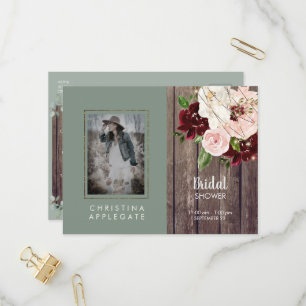 Wine & Blush Floral Sage Photo Bridal Shower Invitation Postcard