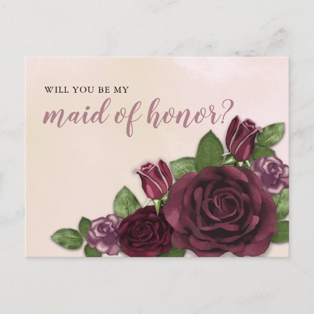 Wine Blush Mauve Floral Maid of Honor Request Invitation Postcard (Front)