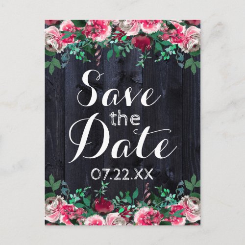 Wine Blush Navy Wood Burgundy Peony Save the Date Announcement Postcard