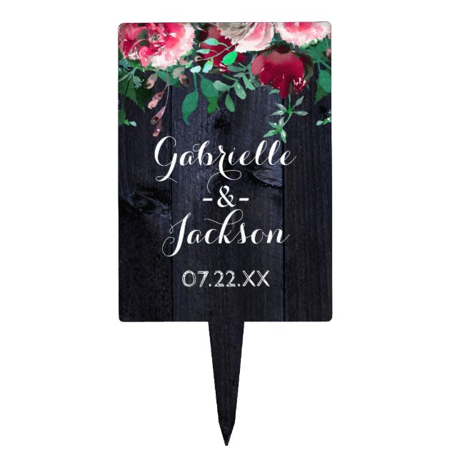 Wine Blush & Navy Wood Burgundy Wedding Monogram Cake Topper (Front)