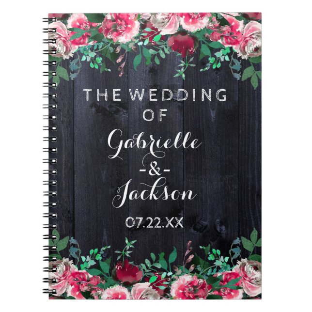 Wine Blush & Navy Wood Burgundy Wedding Planner Notebook (Front)
