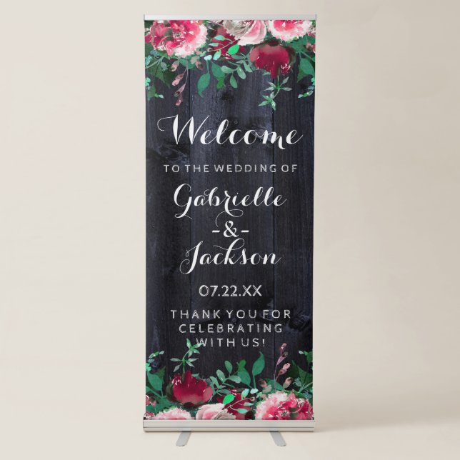 Wine Blush & Navy Wood Burgundy Wedding Welcome Retractable Banner (Front)