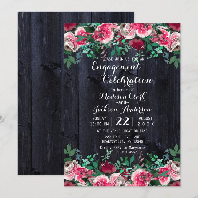 Wine Blush & Navy Wood Engagement Party Invitation (Front/Back)