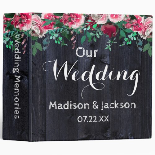 Wine Blush Navy Wood Peony Wedding Photo Album 3 Ring Binder