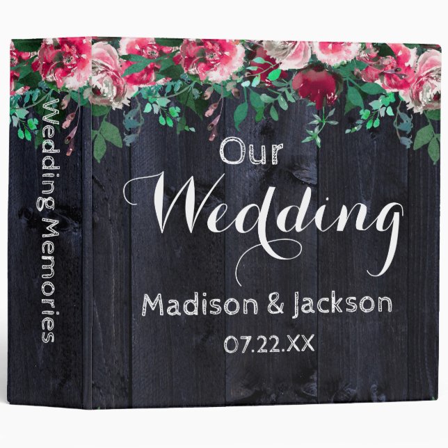 Wine Blush Navy Wood Peony Wedding Photo Album 3 Ring Binder (Front/Spine)