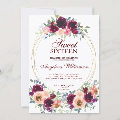 WINE BLUSH WATERCOLOR FLORAL GOLD PHOTO SWEET 16  INVITATION