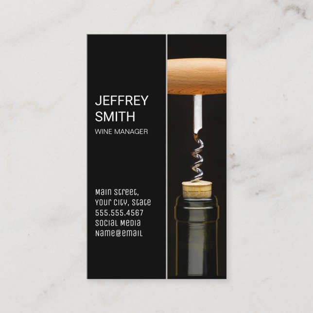 Wine Bottle and Corkscrew | Opening Bottle Business Card (Front)