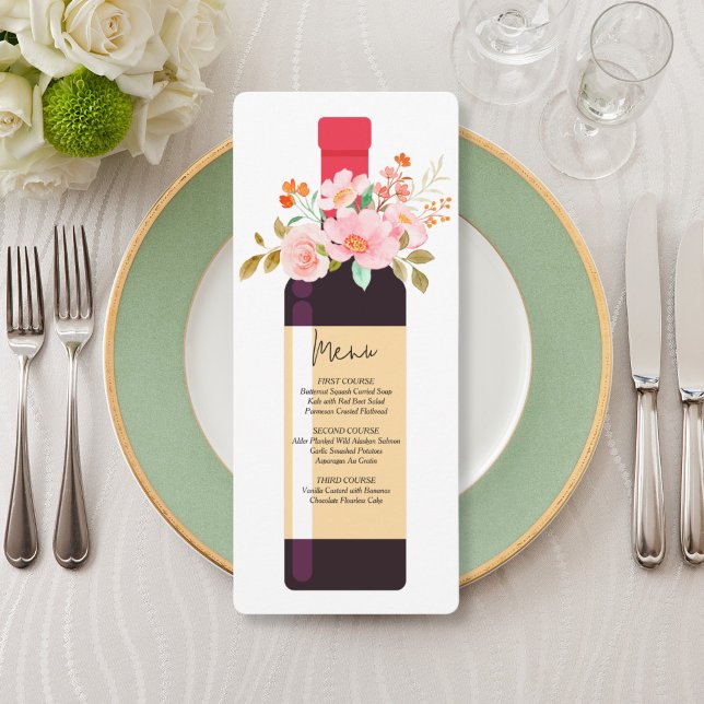 Wine Bottle and Flowers Bridal Shower Menu Invitation (Creator Uploaded)