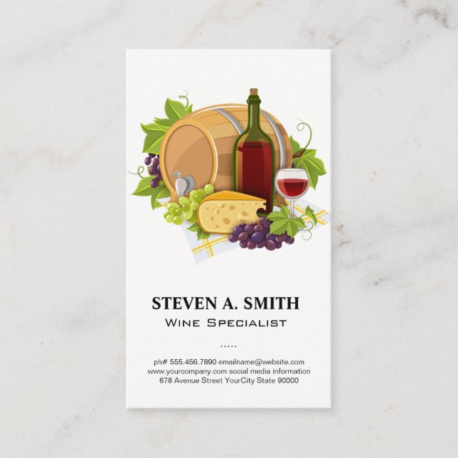 Wine Bottle and Glass | Barrel Grapes Cheese Business Card (Front)