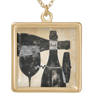 Wine Bottle and Glass Gold Plated Necklace