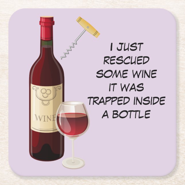 Wine bottle and glass illustration square paper coaster (Front)