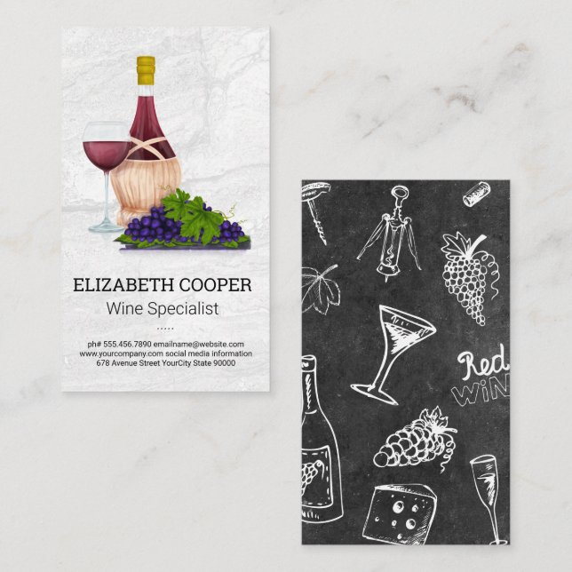 Wine Bottle and Glass | Marble Background Business Card (Front/Back)