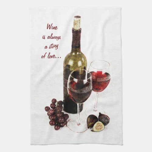 Wine bottle and glasses kitchen towel