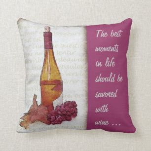 wine bottle and grape with wine quote throw pillow