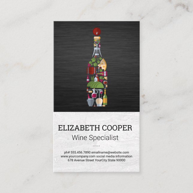 Wine Bottle and Icons Business Card (Front)