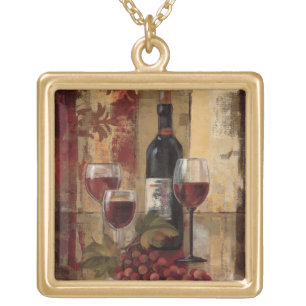 Wine Bottle and Wine Glasses Gold Plated Necklace