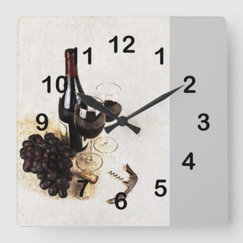 Wine bottle and wine glasses with grapes and corks square wall clock
