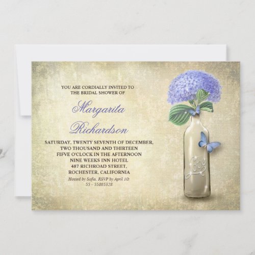 Wine bottle  blue flowers bridal shower invites