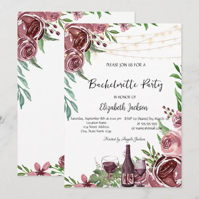 Wine Bottle Burgundy Roses Bachelorette Party Invitation (Front/Back)