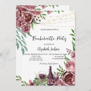 Wine Bottle Burgundy Roses Bachelorette Party Invitation