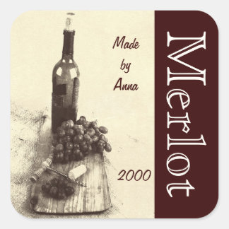 Wine bottle, corks, corkscrew and grapes square sticker