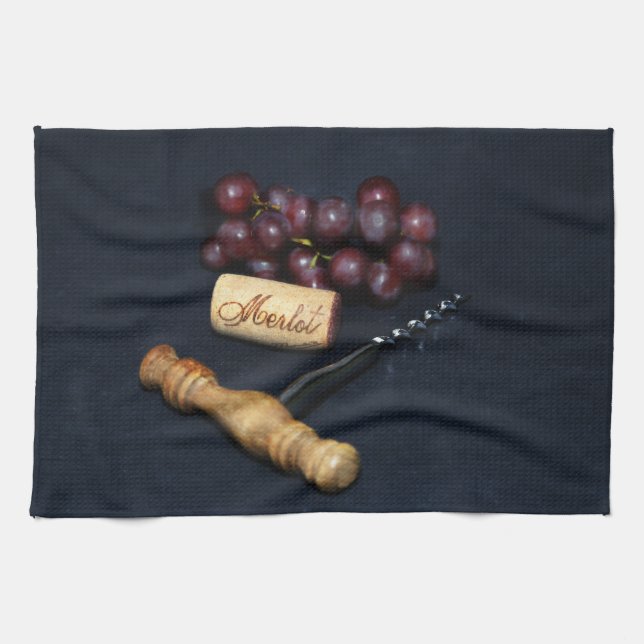 Wine bottle corks, corkscrew and grapes towel (Horizontal)