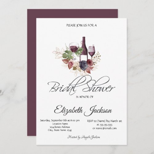 Wine Bottle Glass Burgundy Floral Bridal Shower Invitation