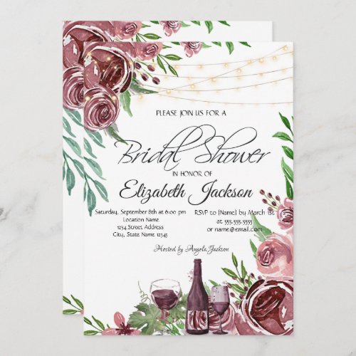 Wine Bottle Glass Burgundy Roses Bridal Shower   Invitation