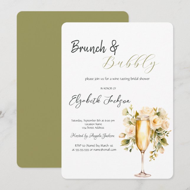 Wine Bottle Glass Flower Green Brunch & Bubbly  Invitation (Front/Back)